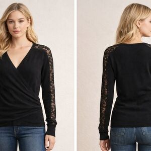 Nine West Black Wrap Sweater Lace Shoulders Sheer Lace Sleeves L